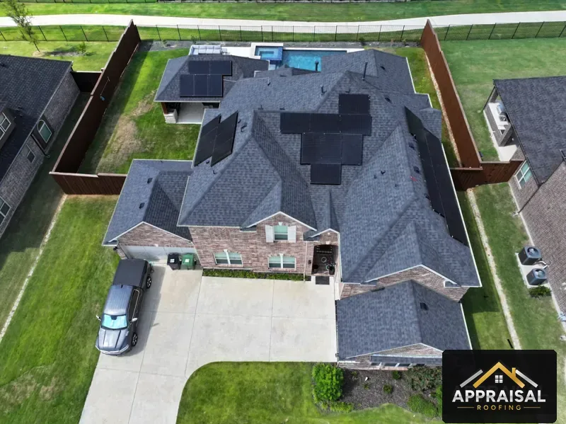 Replaced roof with solar panels, drone view